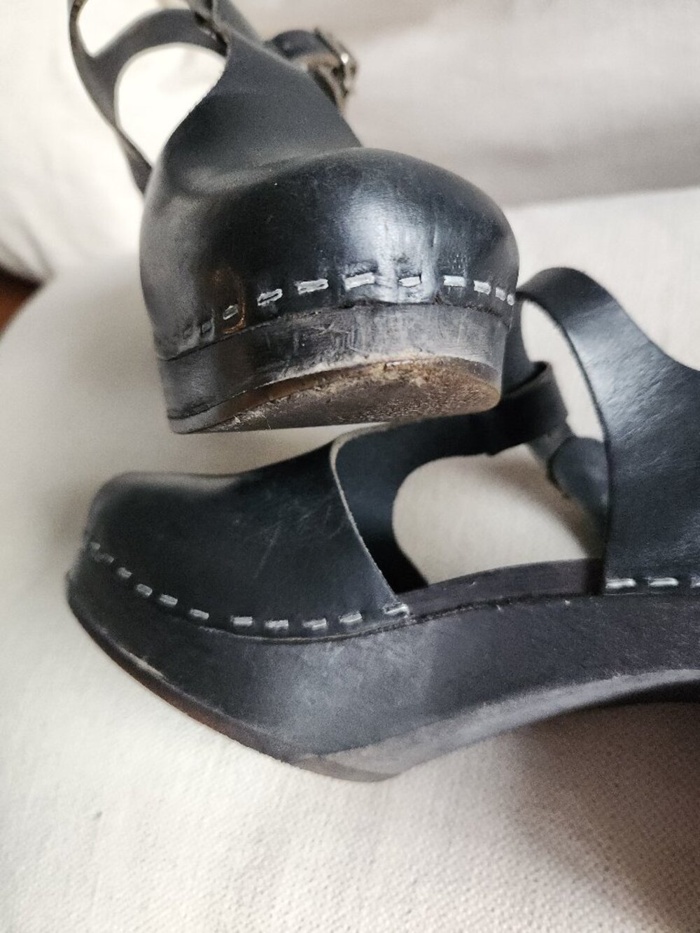 Swedish Hasbeens Black Leather Wooden Clogs - Sz EU 38 (approx. 7.5) - Picture 7 of 14